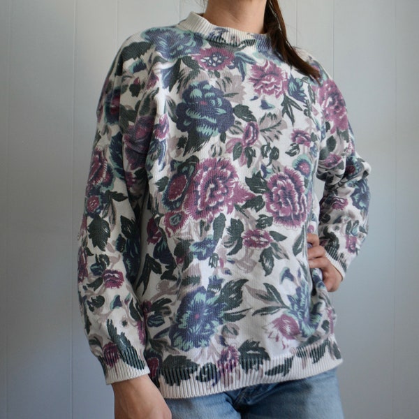 Vintage 1990 Point Zero Flower Pattern Knitted Crew Neck Large Sweater. Large Floral Print Pastel Colors 90s Fashion Pullover Women Sweater