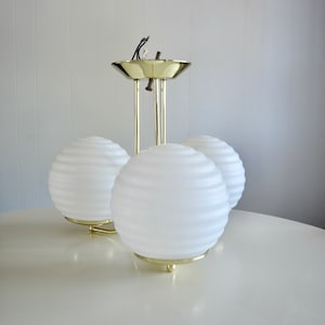 Vintage 1970s Retro Pendant Chandelier. 60s 70s Large Ceiling Hanging Lamp. 3 Frosted Textured Glass Globes and Plated Gold Chandelier