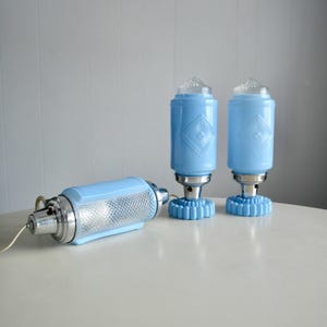 Vintage Art Deco Skyscraper Torpedo Bullet Blue Glass Headboard Bed Light Lamp. Boudoir Bedside Reading Lamp Set. Boudoir Glass Table Lamps