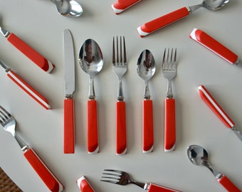 Vintage Stainless 80s Red White Striped Plastic Flatware Large Set for 8. Postmodern Retro Silverware Plastic Handle. 1980s Forks Spoons Set