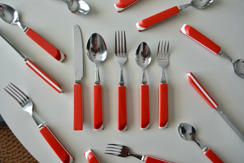 Vintage Stainless 80s Red White Striped Plastic Flatware Large Set for 8. Postmodern Retro Silverware Plastic Handle. 1980s Forks Spoons Set image 1