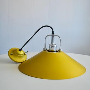 Vintage Postmodern Italian 2000's Pendant Light. Memphis Style Yellow Metallic Shade Lamp Fixture. Gold Metal Flare Pendant Ceiling Lighting