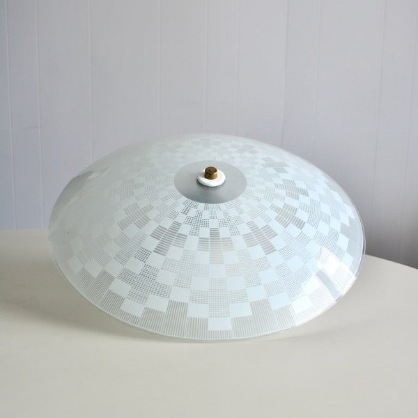 Vintage Mid Century White Checkered Pattern Round Glass Ceiling Fixture. Semi Flush Mount 1950s Glass Cover Ceiling Light. 3 Lights Fixture