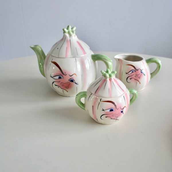Vintage Anthropomorphic Holt Howard Angry Garlic or Onion Hand Painted Tea Set. Made in Japan Funny Ceramic Teapot Creamer and Sugar