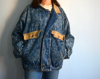 Vintage Large Unisex Acid Wash Denim Chore Jean Jacket. Oversized Denim Leather Trim 80s 90s Fall Coat. Large Stone Wash Denim Overcoat