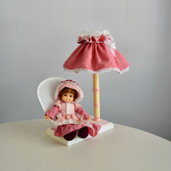 Vintage 50's Pink Glass Boudoir Girlie Lamp with Doll. Gilbert Softlite Creation Pink Ruffle Plastic Shade Lamp. Bedroom Boudoir Home Decor