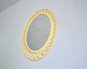 Vintage 70s Retro Kitschy Faux Plastic Wicker. Yellow Plastic Oval Framed Wall Mirror. Plastic Wicker Hanging Mirror Bedroom Bathroom Decor