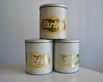 Vintage Antique French Flour Rice Tea Tin Can Gold Typo. Sodas W. Charest Quebec Retro Rare Tin Promotional Collectible Kitchen Container.