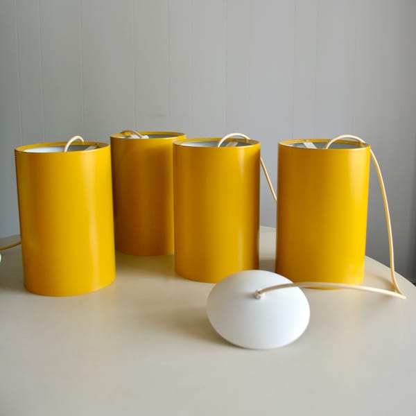 Vintage Mid Century Yellow Large Metal Cylinder Hanging Lamp. Danish Louis Poulsen Eila & John Meiling 60s 70s Design Pendant Lamp Set