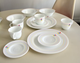 Vintage 80s 90s Harmonia White Milk Glass Dining Set Made in Spain. Primary Colors Minimal Geometric Pattern Design Dining Plates Bowls Cup