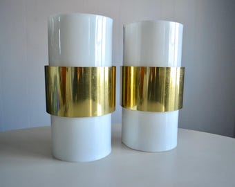 Vintage Brass Plated and Acrylic Oblong Sconce Wall Lamps Set. 90s Postmodern Plastic Diffuser Wall Neon Lighting. Modern Wall Lighting Set