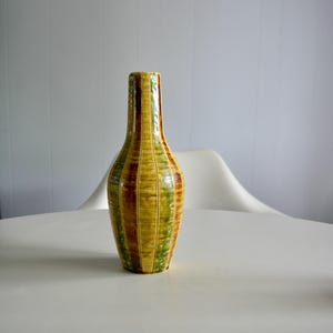 Vintage Laurentian Pottery Ceramic Textured Lines Tall Vase. Green Yellow Brown Glazed Pottery Vase. Mid Century 70s Retro Canadian Pottery