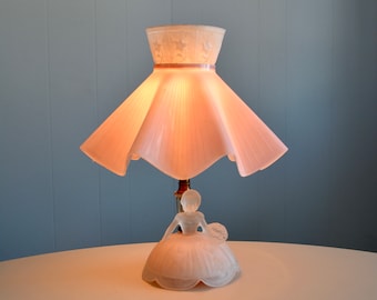 Vintage Antique 40's Small Pink Glass Boudoir Lady Lamp. Pink Ruffle Plastic Shade Southern Belle Lamp. Bedroom Boudoir Victorian Home Decor