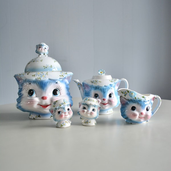 Vintage Mid Century Lefton Miss Priss Cookie Jar Anthropomorphic Collectible. Vintage 50s ESD Japan Blue Kitty Miss Priss Tea Pot Shakers