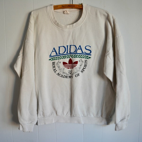 Vintage 80s 90s Adidas White Crewneck Sweater. Women's Vintage Graphic Sportswear Sweatshirt. 80s Adidas Royal Academy of Sports Clothing