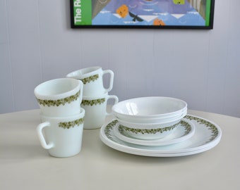 Vintage Set of Corelle Spring Blossom Crazy Daisy Cereal Bowl, Soup Bowl, Plates, Mugs. Green Flower Springtime Pyrex Mugs Retro Dinnerware