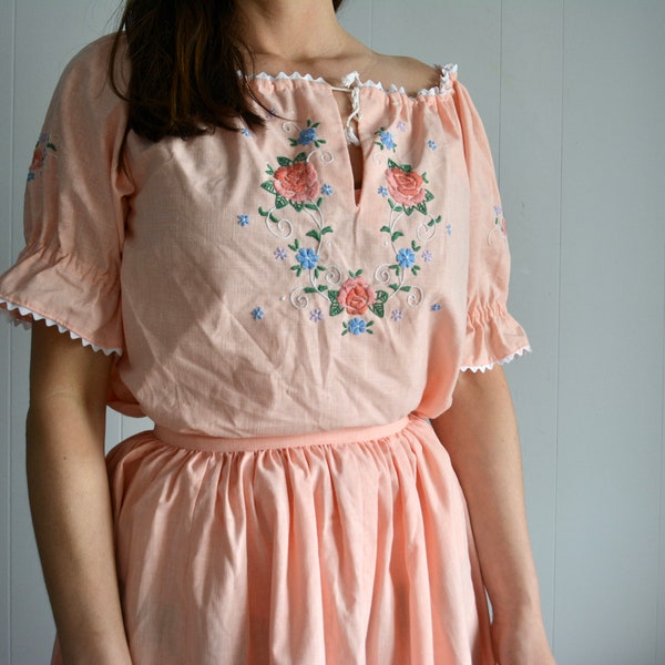 Vintage Boho Summer Hand Embroidered Cotton Blouse and Skirt Ensemble. Woven Cotton Peach Pink Floral Skirt and Top. 70s Bohemian Womenswear