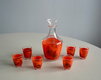 Vintage French Red Glass Decanter Carafe Bottle & 6 Matching Shot Glasses in Original Box. Asian Red Black Pattern 60s 70s Serving Barware