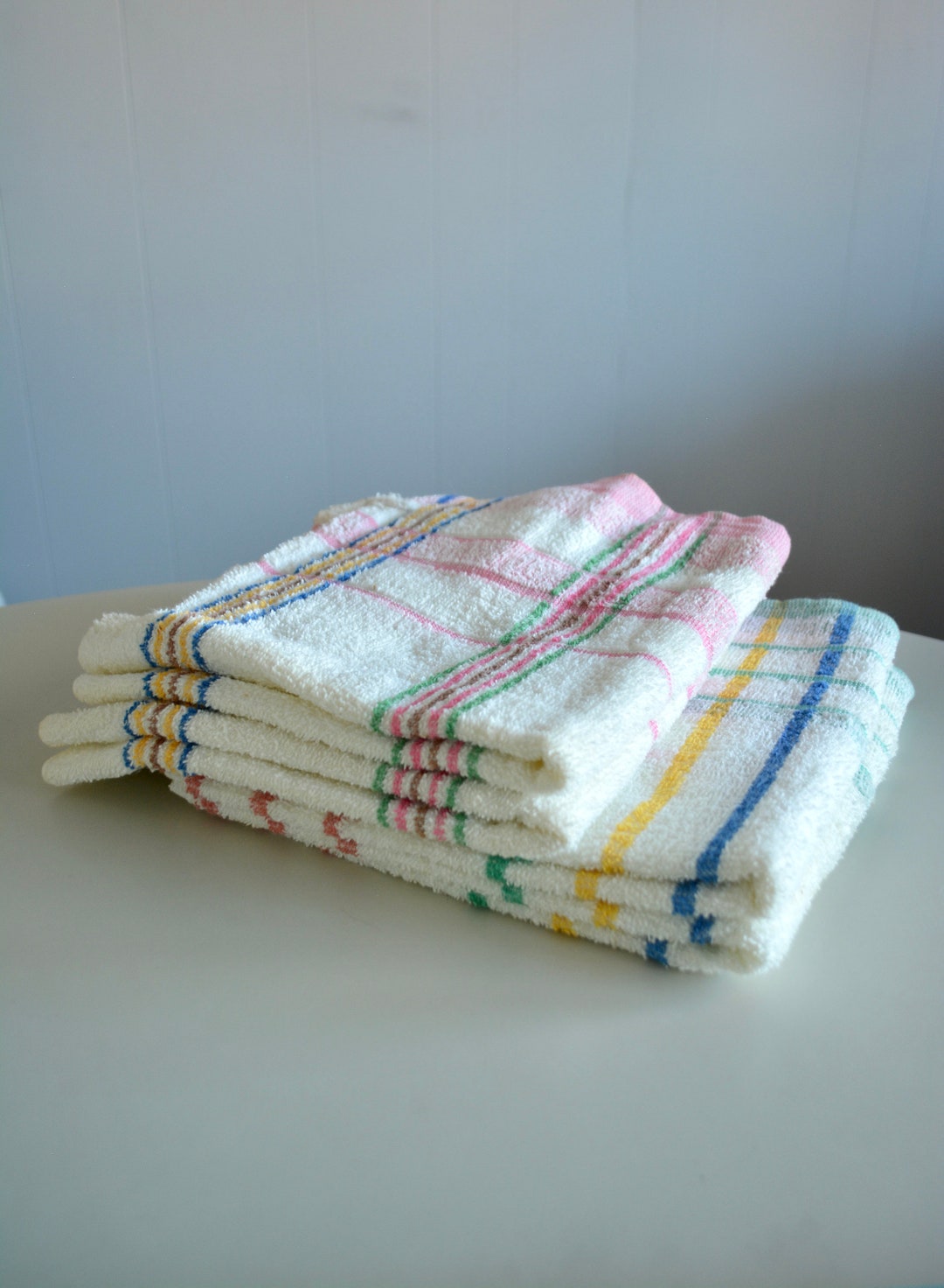 Vintage Mid Century 70s Hand Towels Set of 4. Striped Pattern Bathroom ...