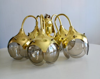Vintage Mid Century Brass and Smokey Glass 5 Light Chandelier. Vintage 1970s Flower Shaped Glass & Brass Pendant Lamp Kitchen Chandelier