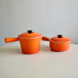 Vintage French Le Creuset Orange Flame Enamelled Cast Iron Fondue Pot & Sauce Pan #16 Set with Lids. 70s French Cast Iron Fondue Cookware