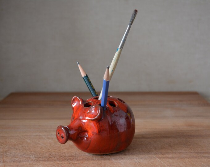 Vintage Red Ceramic Pig Pencil Holder. Handmade Pottery Clay Etsy