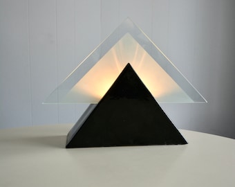 Vintage 80s Pyramid Frosted Glass and Ceramic Table Lamp. 1980 Geometric Post Modern Lighting. UFO Glass Memphis Modern Triangle Shape Lamp