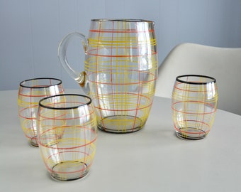 Vintage Mid Century Glass Pitcher Drinking Glasses Set. French Water Jug & Matching Glasses. Red Yellow Grid Hand Decorated Pattern Art Deco