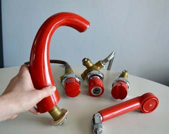 Vintage 80s Semi Gooseneck Red Salvaged Bathroom Faucet. Retro Renovation Italian Post Modern Red Bathroom Decor. Vintage Plumbing Bathroom