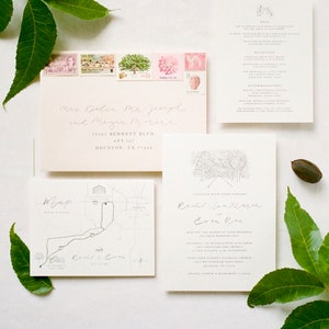 Venue Illustration Wedding Invitations, Invite Suite, Custom Monogram Wax Seal, Custom Map, Orchard at Caney Creek