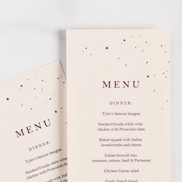 Celestial / Stardust / Space / Star / Stars / Constellation / Dinner Reception / Decor / Table Setting / Menu / Menus