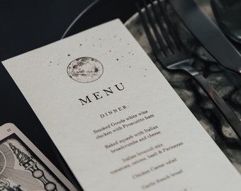 Moon Menus / Celestial / Stardust / Space / Star / Stars / Constellation / Dinner Reception / Decor / Table Setting / Menu