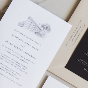 May include: Elegant wedding invitation suite featuring a sketch of a building, RSVP card, and envelopes. The invitation includes names, date, time, and location details. The suite is in black and white with a minimalist design.
