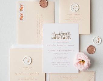 Gold Foil Venue Illustration Wedding Invite, Invites, Invitation Suite - Carberry Tower Mansion House and Estate