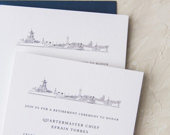 Custom Venue Illustration Retirement Ceremony Invitations, Invite Suite, Battleship Missouri Memorial, Pearl Harbor