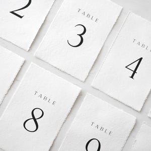Op de afbeelding: Witte rechthoekige tafelnummerkaarten met zwarte tekst. Elke kaart heeft een uniek nummer van 2 tot en met 9, met het woord "TABLE" boven het nummer. De kaarten hebben een textuur, handgemaakte papieruitstraling.