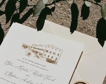 Gold Foil Venue Illustration Wedding Invite, Invites, Invitation Suite | Villa Catignano Italy
