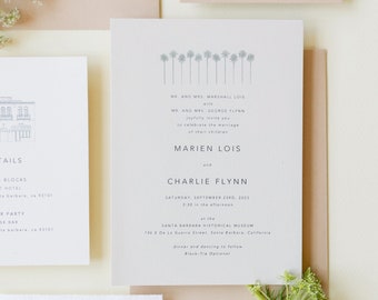 Venue Illustration, Wedding Invitations, Full Invite Suite, Save the Dates, Save the date, Palm Trees