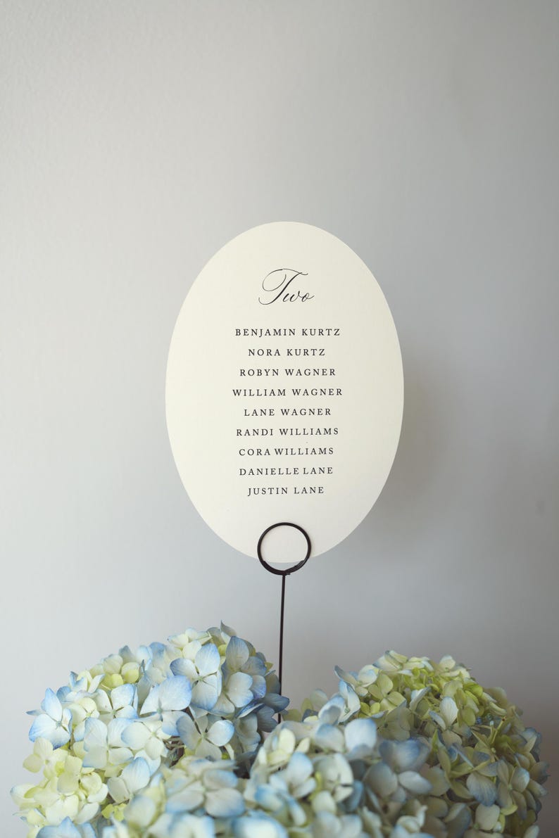 Op de afbeelding: Een ovale, gebroken witte kaart met het woord Two in cursief schrift en een lijst met namen in een zwart schreeflettertype. De kaart wordt vastgehouden door een dunne zwarte metalen draadstandaard tussen twee blauwe en groene hortensia's.