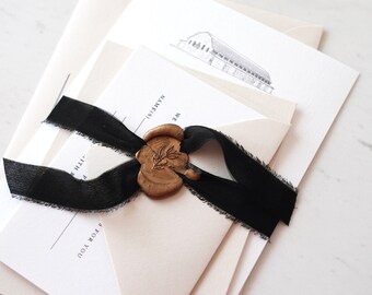 Venue Illustration Wedding Invitations, Invite Suite tied with Wax Seal and Silk Ribbon | Bella Amore on Enchanted Acres