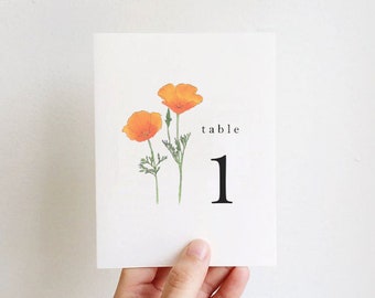 California Poppies, Poppy Flower Table Numbers | Minimalist Spring Garden Wild Flower