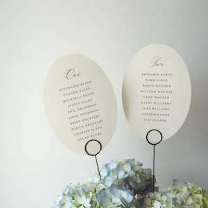 Op de afbeelding: Twee ovale, cr&egrave;mekleurige tafelkaartjes met zwarte tekst, gelabeld One en Two, met lijsten van namen. Elke kaart wordt vastgehouden door een dunne zwarte draadstandaard, geplaatst boven trossen blauwe en witte hortensiabloemen.