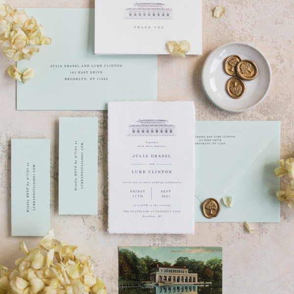 Venue Illustration Wedding Invitations, Invite Suite | Prospect Park Boathouse + Audubon Center | Brooklyn NY New York