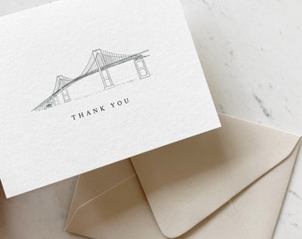 Custom Venue Illustration Thank You Wedding Cards / Personal Personalized / Folded Cards / Claiborne Pell / Newport Bridge