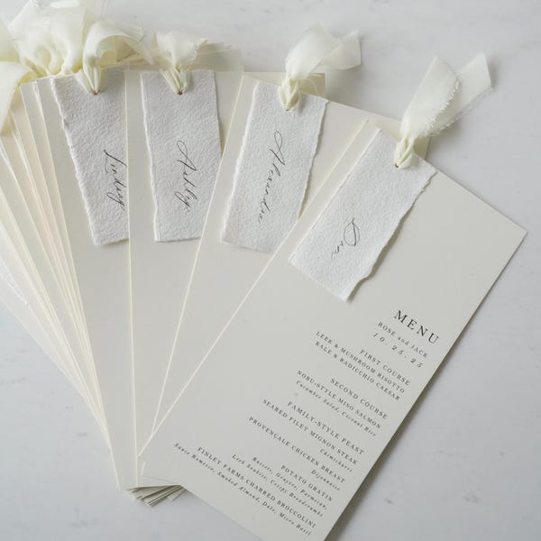 Menu with Name Tag - Cardstock Menu and Handmade Paper Placecard Place Card (Wedding / Rehearsal Dinner/ Reception Party)