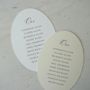 Op de afbeelding: Twee ovale tafelkaartjes met een witte en cr&egrave;mekleurige achtergrond. Elke kaart bevat bovenaan het woord One in een cursief lettertype, gevolgd door een lijst met namen waaronder Stephanie Allen, Claude Allen, Michaela Allen, Justin Allen, Phil Thompson, Gwen Thompson, Brian Baldauff, Jessica Baldauff, Charles Blane en Helen Blane in een zwart schreeflettertype.