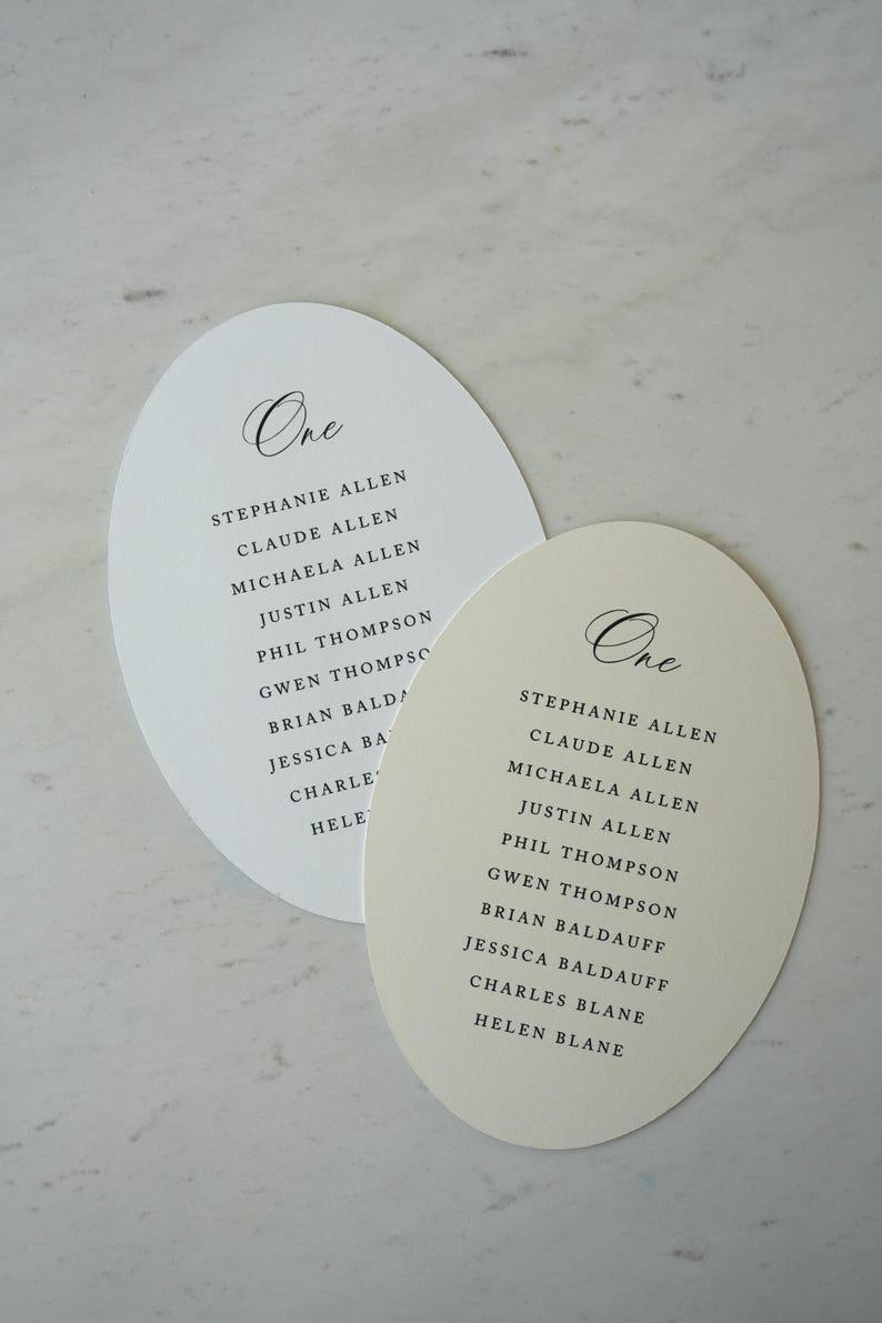Op de afbeelding: Twee ovale tafelkaartjes met een witte en cr&egrave;mekleurige achtergrond. Elke kaart bevat bovenaan het woord One in een cursief lettertype, gevolgd door een lijst met namen waaronder Stephanie Allen, Claude Allen, Michaela Allen, Justin Allen, Phil Thompson, Gwen Thompson, Brian Baldauff, Jessica Baldauff, Charles Blane en Helen Blane in een zwart schreeflettertype.
