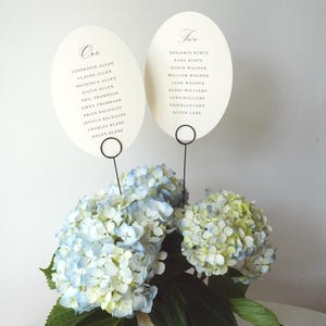 Op de afbeelding: Twee ovale, gebroken witte tafelkaarten met de tekst One en Two en zwart gedrukte gastennamen, elk gehouden door een dunne zwarte draadstandaard in een witte vaas met blauwe en groene hortensia's en grote groene bladeren.