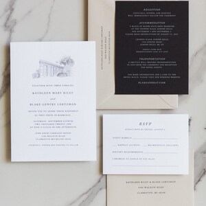 May include: A collection of wedding stationery, including an invitation, RSVP card, and information card, arranged on a marble surface. The invitation features a line drawing of a building. The text includes names, dates, and event details. The RSVP card has fill-in-the-blank sections.