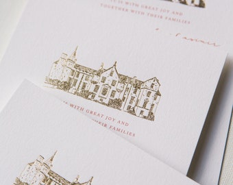 Gold Foil Venue Illustration Wedding Invite, Invites, Invitation Suite - Carberry Tower Mansion House and Estate